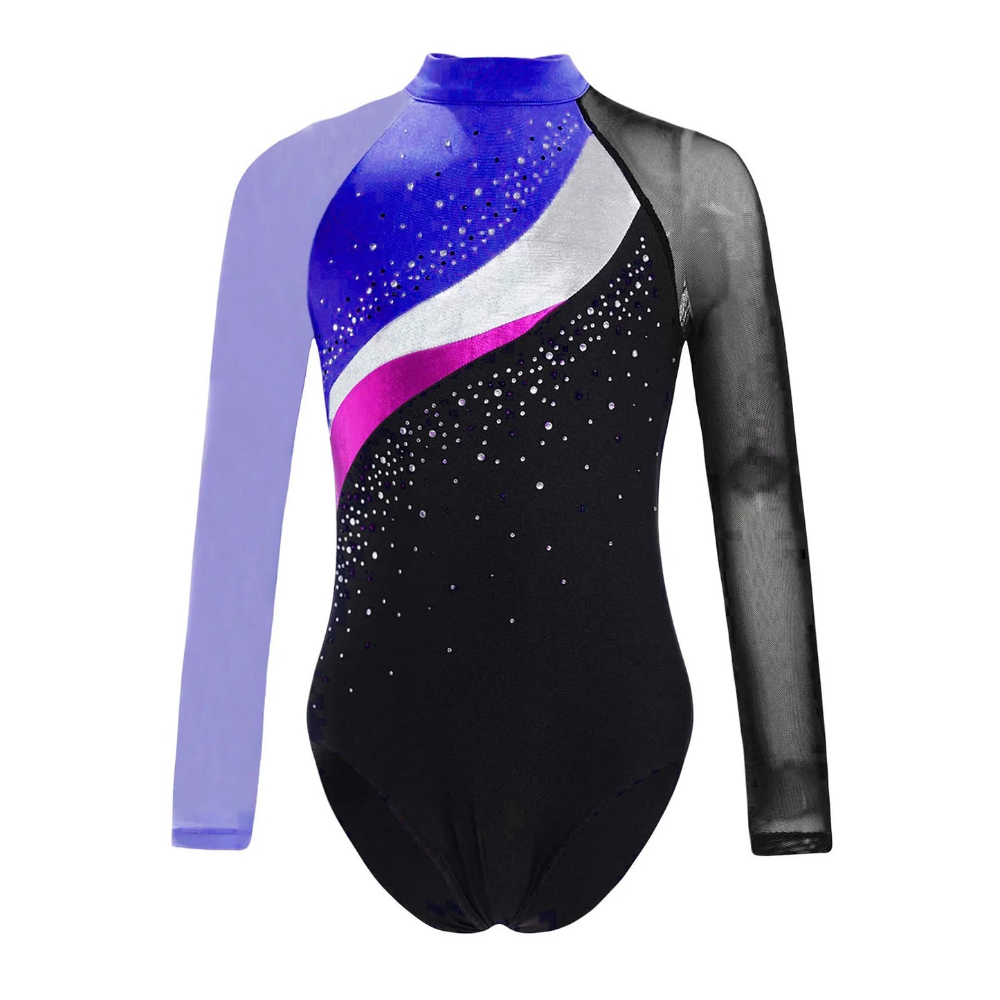 Girls Ballet Dance Leotard Gymnastics Rhinestones Sheer Mesh Long Sleeve (Age 4-16 YRS)
