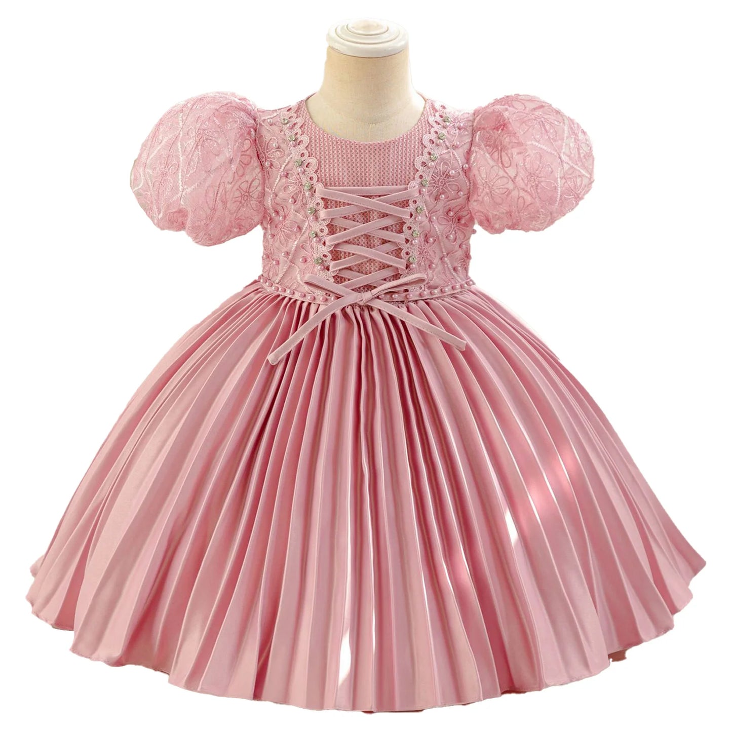 Baby Girls Princess Puff Sleeves Satin Faux Pearls Pleated Tulle Dress (9M-5YRS)