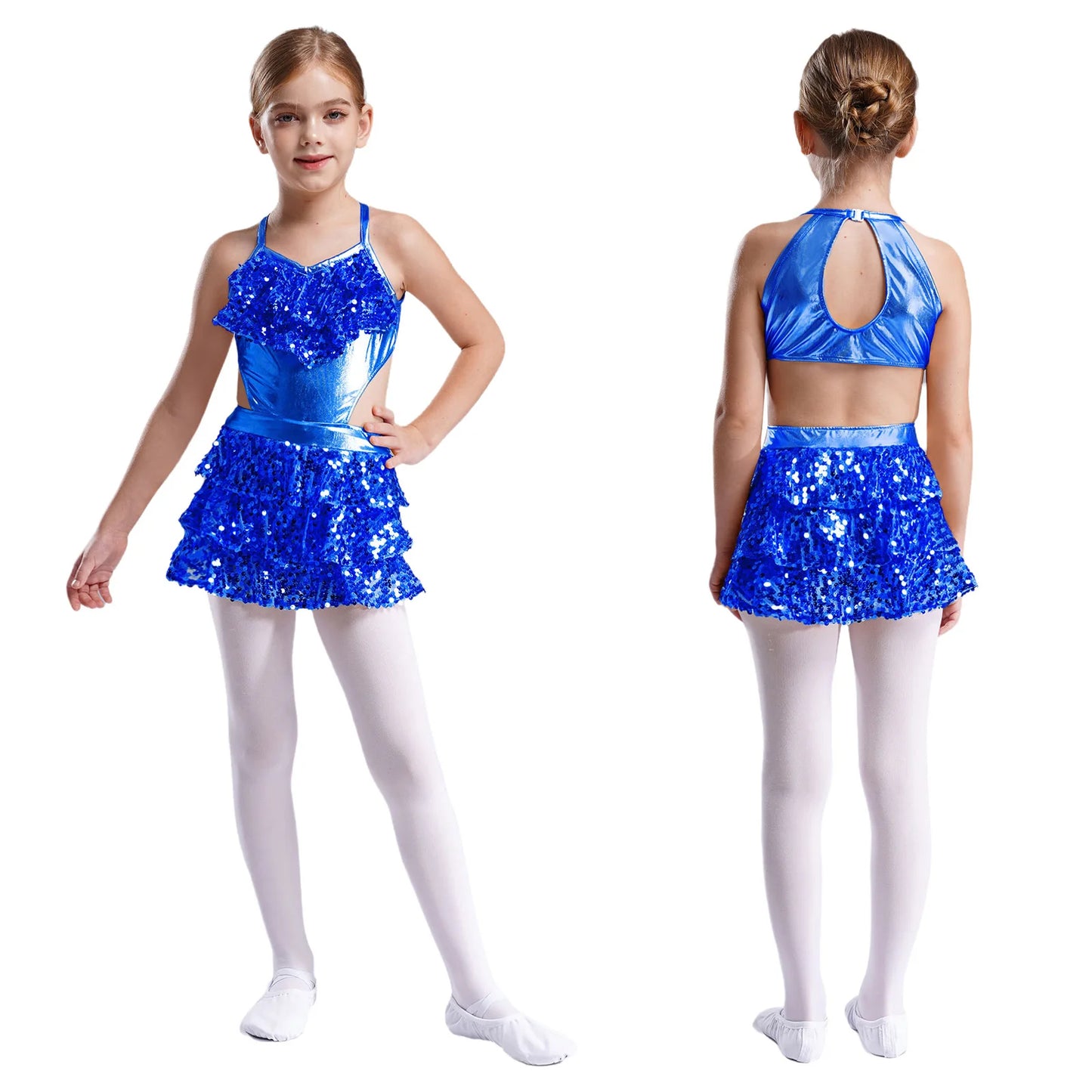 Girls Sequin Dance Sleeveless Cutout Tiered Ruffle Metallic Leotard Dress (Age 6-16 YRS) Blue