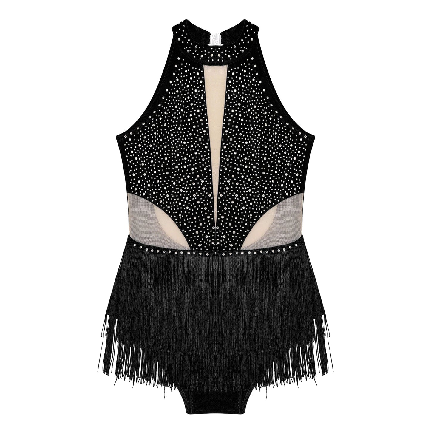 Girls Dance Costume Sleeveless Rhinestone Tassel Leotard (Age 6-16 YRS)