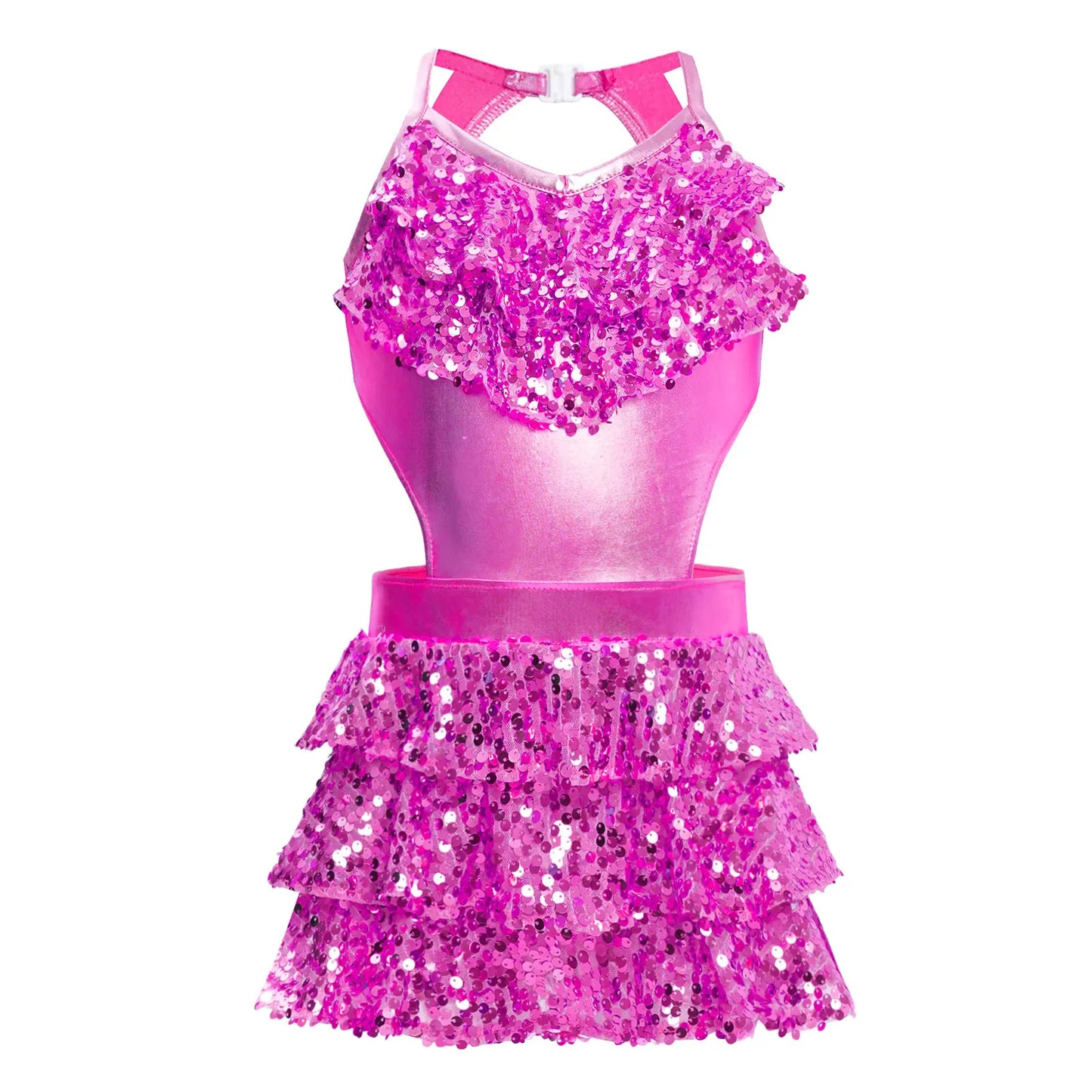 Girls Sequin Dance Sleeveless Cutout Tiered Ruffle Metallic Leotard Dress (Age 6-16 YRS)