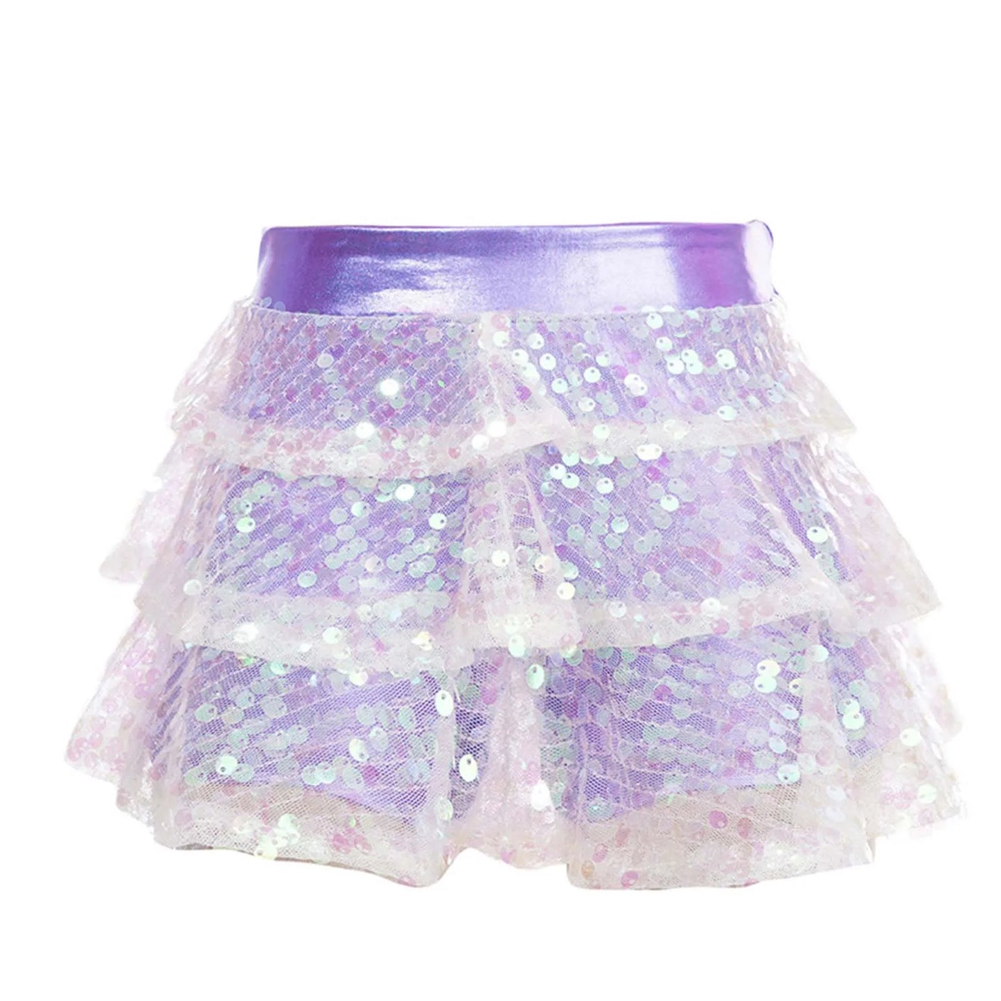 Girls Tiered Ruffle Dance Metallic Shiny Shorts (Age 4-16 YEARS) Lavender
