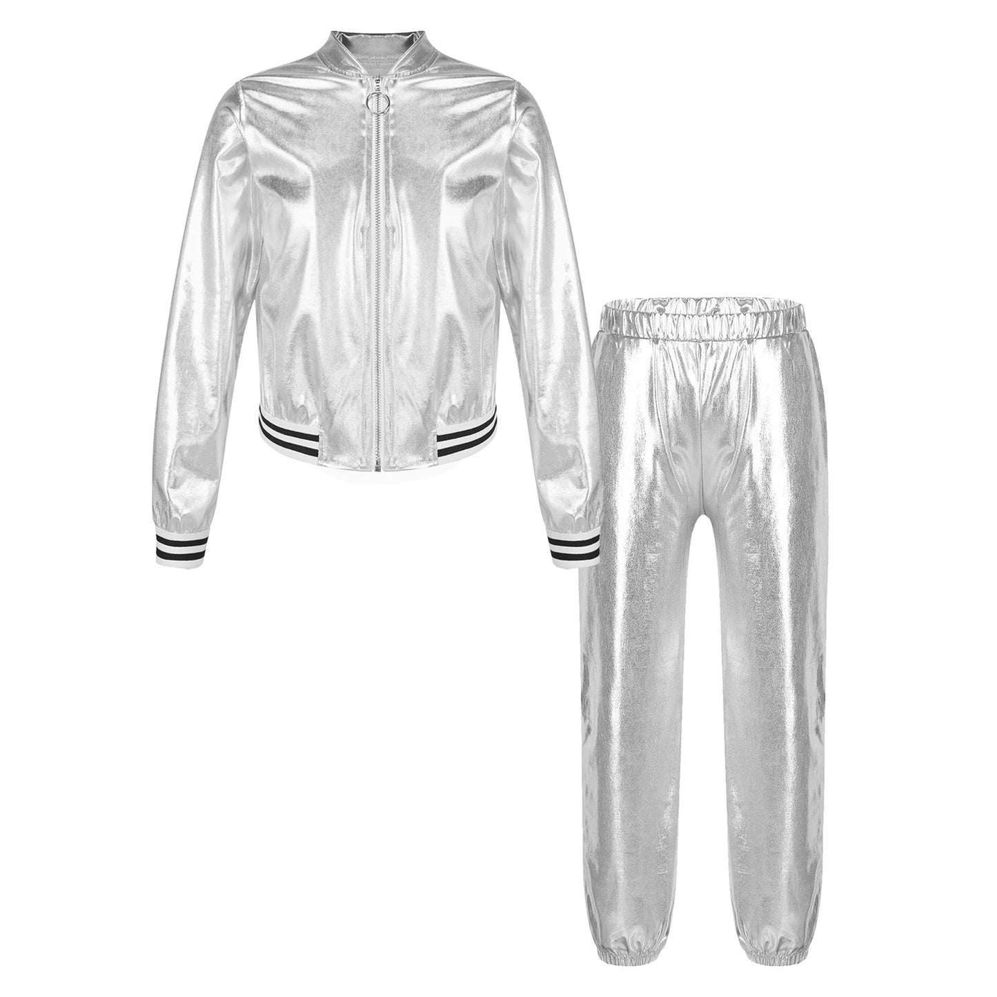 Girls Metallic Long Sleeves Bomber Jacket Coat & Pants Set (Age 6-16YRS) Silver