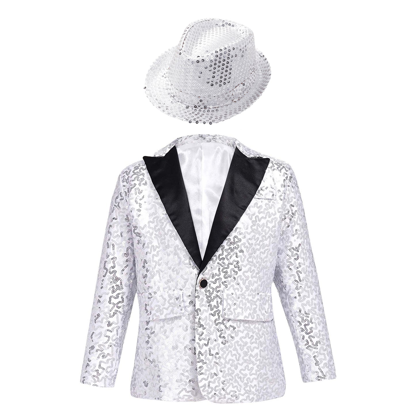 Boys Sequin Dance Tuxedo Jacket Suit & Fedora Hat (Age 6-16 YRS)
