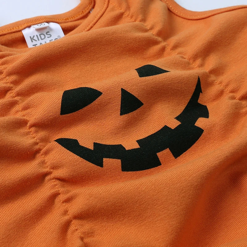 Toddler Girls Halloween Pumpkin Outfit – 3PC Romper, Dress & Headband Set | Ages 6M–3Y