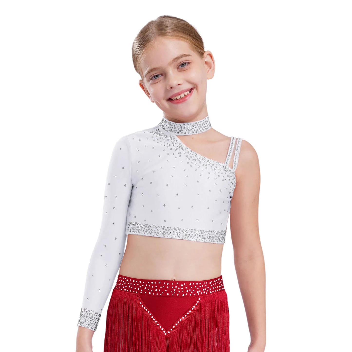 Girls Gymnastics Dance Performance Costume Rhinestone Crop Top With Feather Shorts Set (Age 6-16YRS)