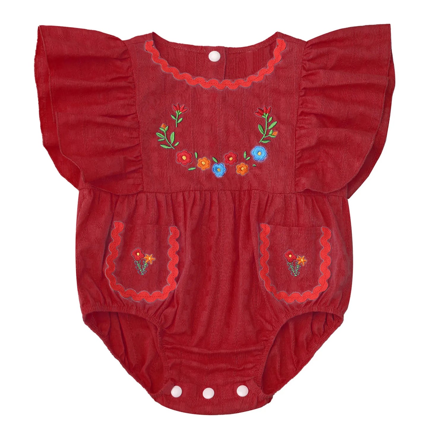 Baby Girls Mexican Embroidered Ruffled Sleeves Romper (Age Newborn-24M) Burgundy