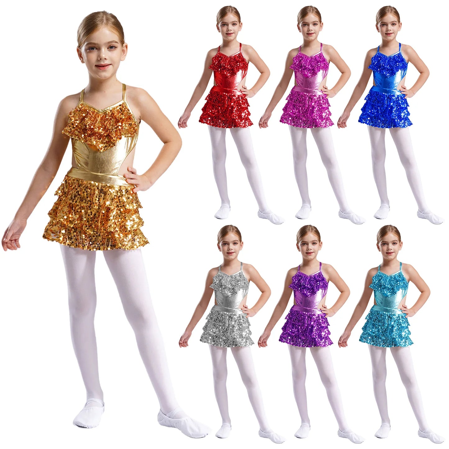 Girls Sequin Dance Sleeveless Cutout Tiered Ruffle Metallic Leotard Dress (Age 6-16 YRS)
