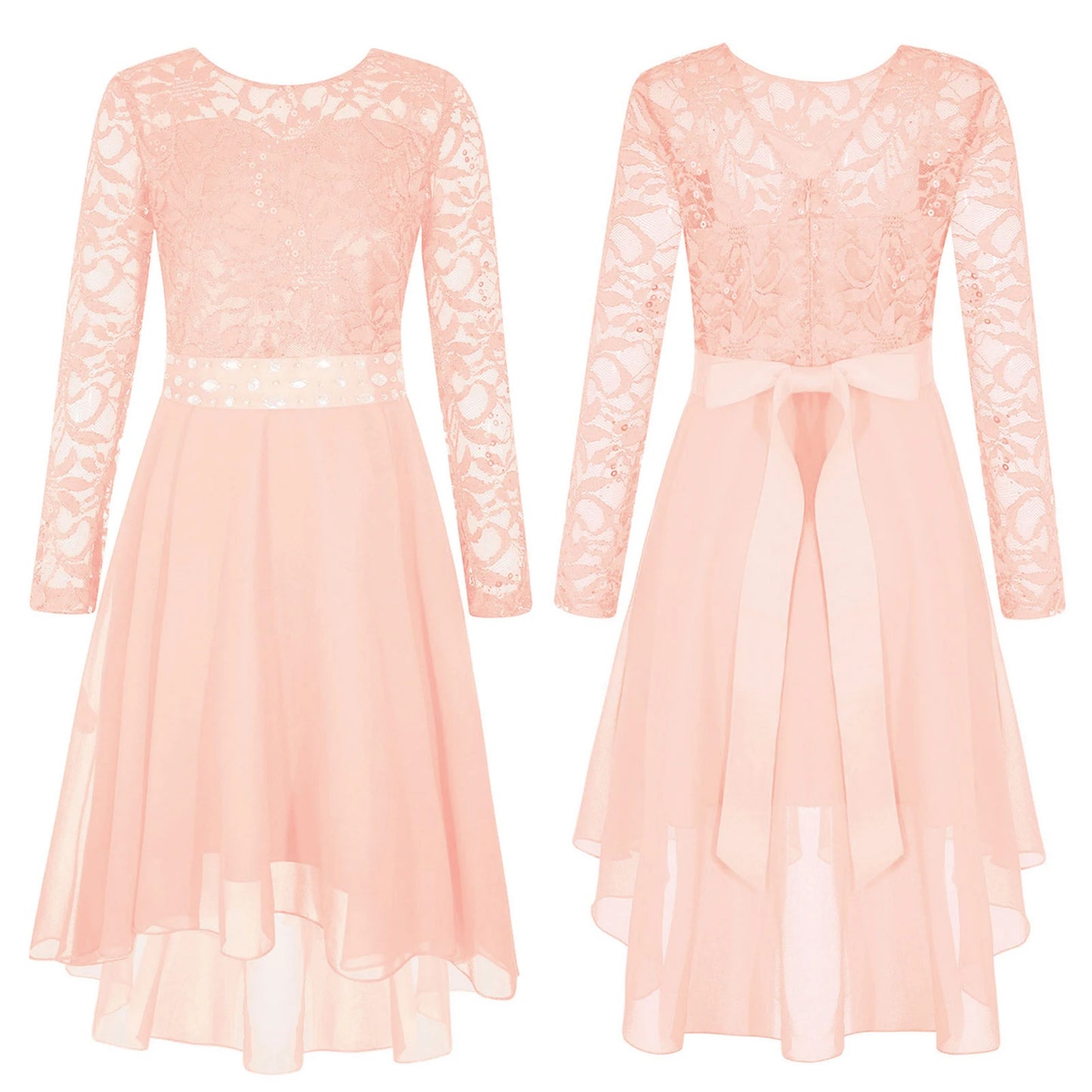 Girls Elegant Rhinestone Lace Chiffon Party Long Sleeve Dipped Hem Dress (Age 6-16YRS) Pink