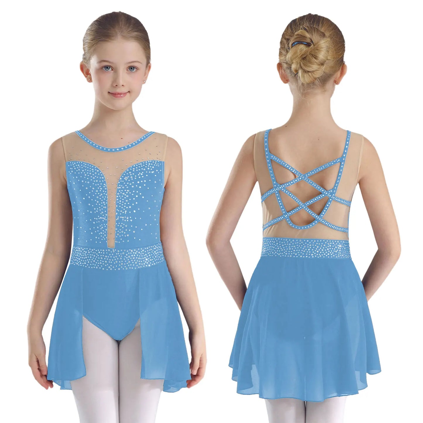 Rhinestone Gymnastics Figure Skating Dress for Teen Girls Sleeveless Sheer Mesh Tutu Ballet Leotard Lyrical Performance Costume Light Blue