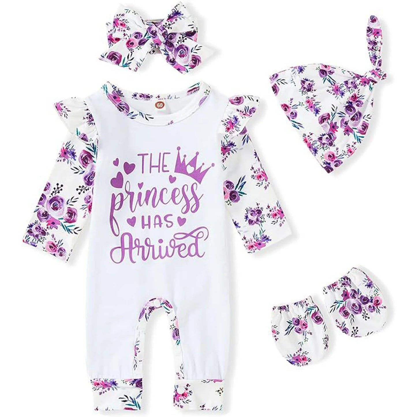 Baby Girls Floral Jumpsuit Hat & Mittens Set (Age Newborn-18M) White