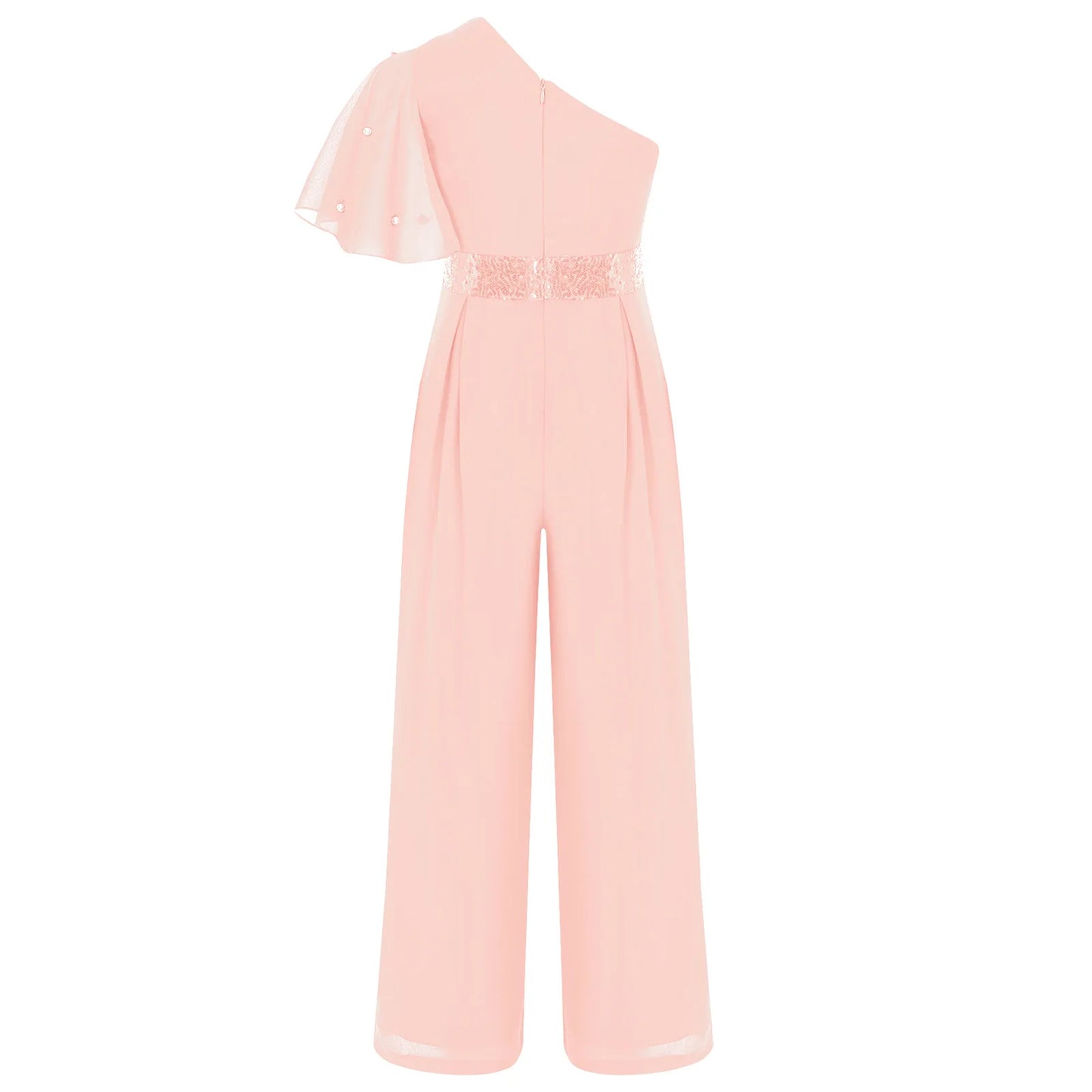 Girls One Shoulder PearlSequin Ruffled Wide Leg Jumpsuit (Age 6-14YRS)