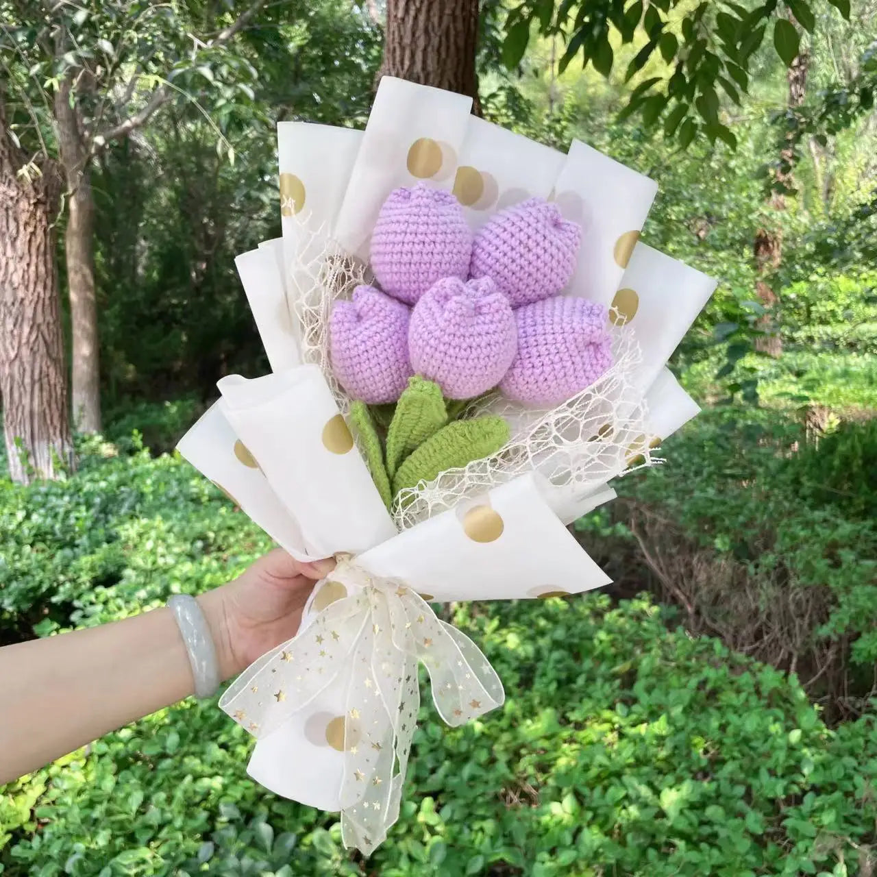 Plush Rose Sunflowers Tulip Carnations Knitted Crochet Flower Bouquet