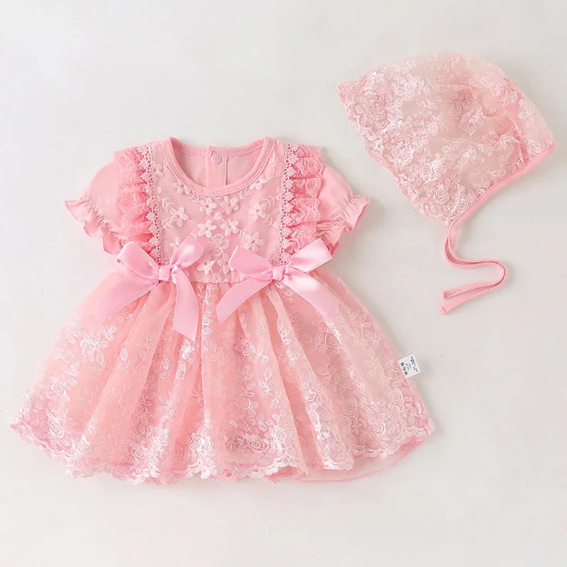 Baby Girls Short Sleeve Lace Dress & Bonnet (Age 3M-18M) Pink
