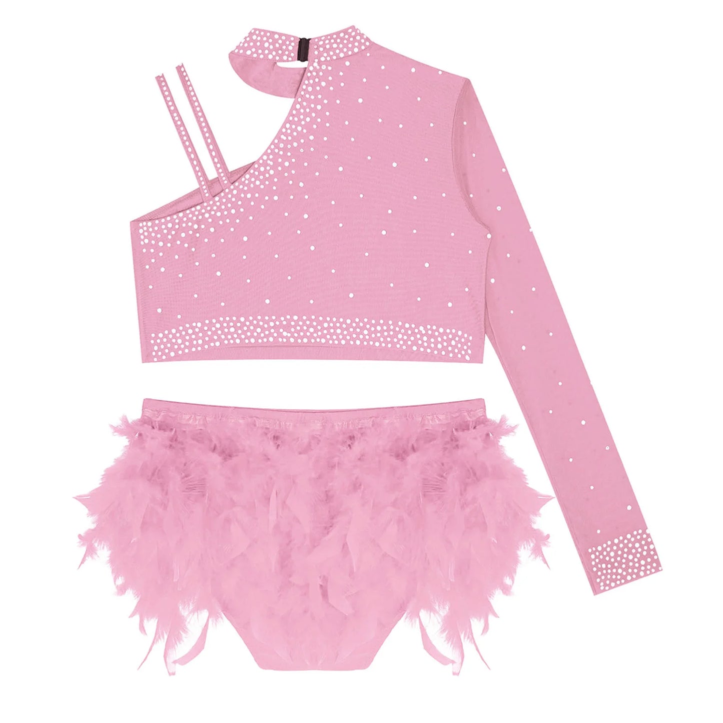 Girls Gymnastics Dance Performance Costume Rhinestone Crop Top With Feather Shorts Set (Age 6-16YRS)