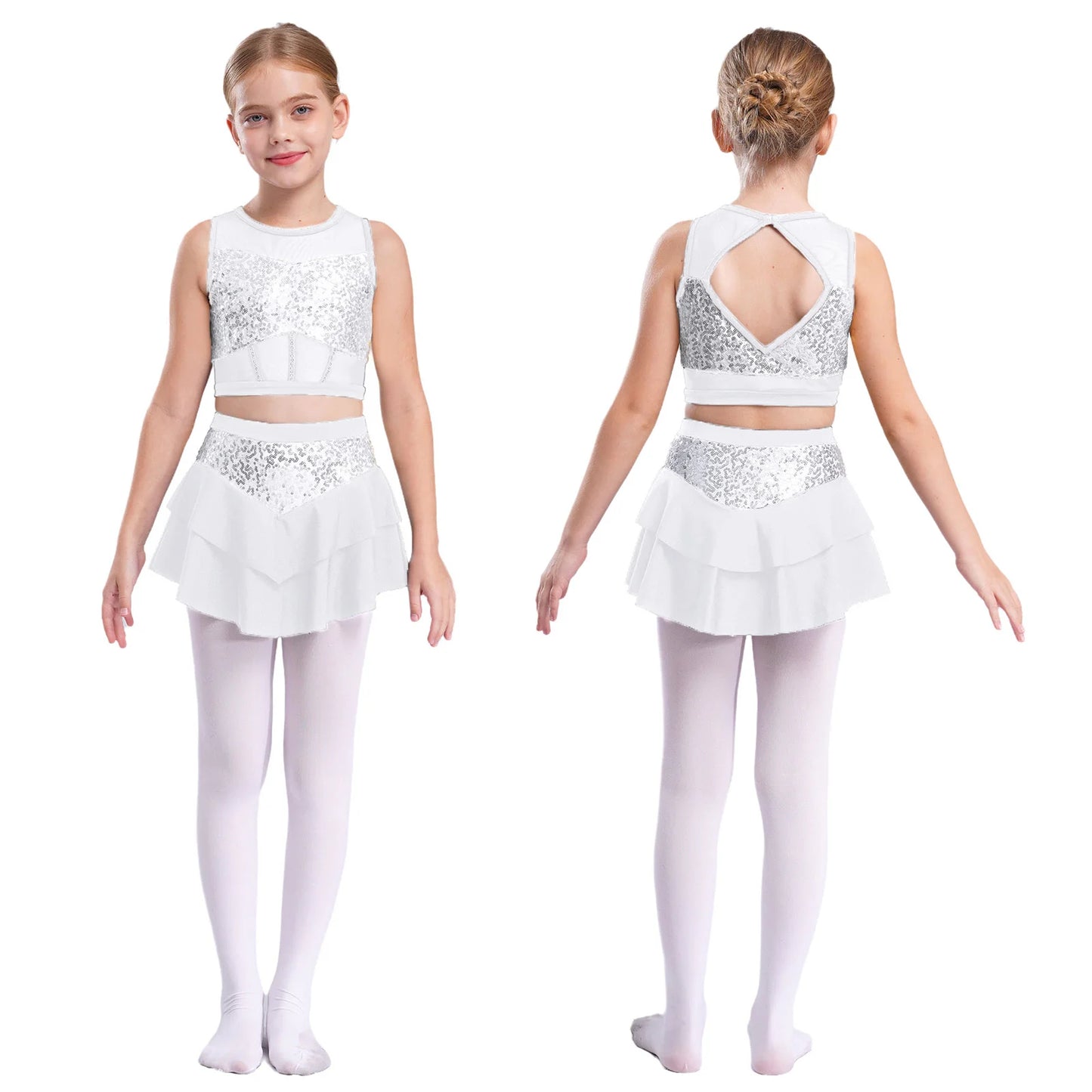 Girls Sequin Sheer Mesh Crop Top & Tiered Skirt Set (Age 6-16YRS)