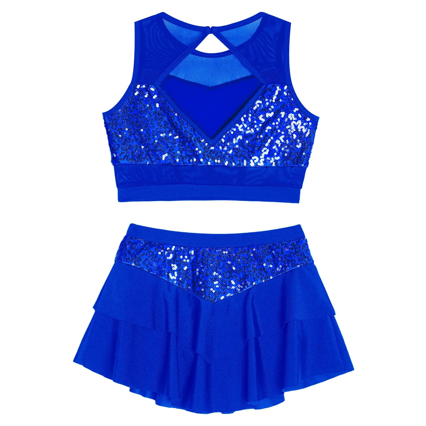 Girls Sequin Sheer Mesh Crop Top & Tiered Skirt Set (Age 6-16YRS)