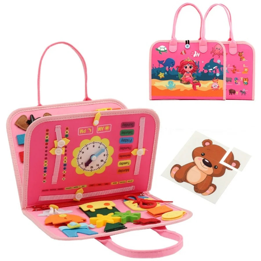 Montessori Busy Board Educational Activity Developing Sensory Board Fine Basic Dress Motor Skills Travel Toy Gift for Boys Girls E