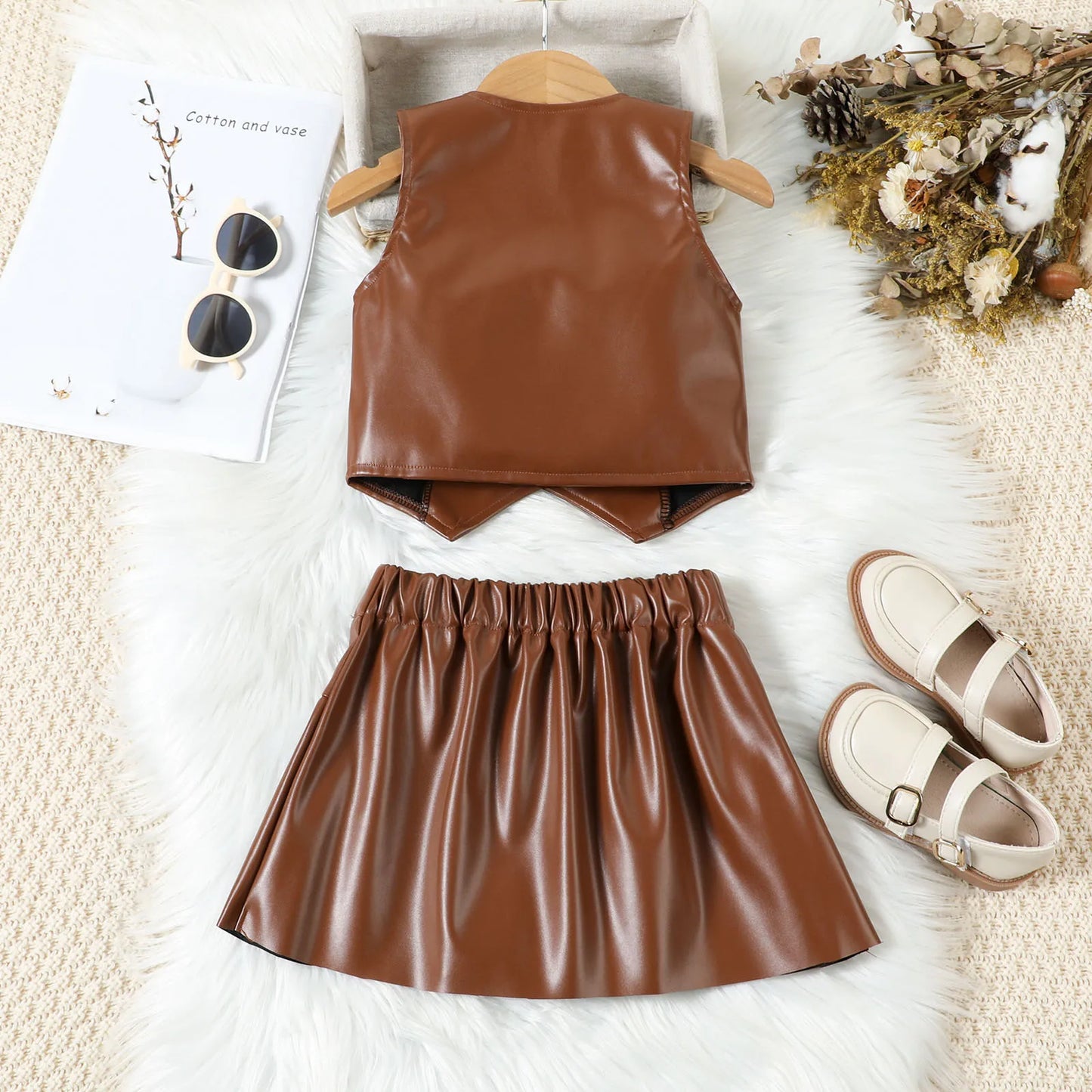 Toddler Girls Faux Leather Sleeveless Vest Top & Pleated Skirt Set (24M-6YRS)