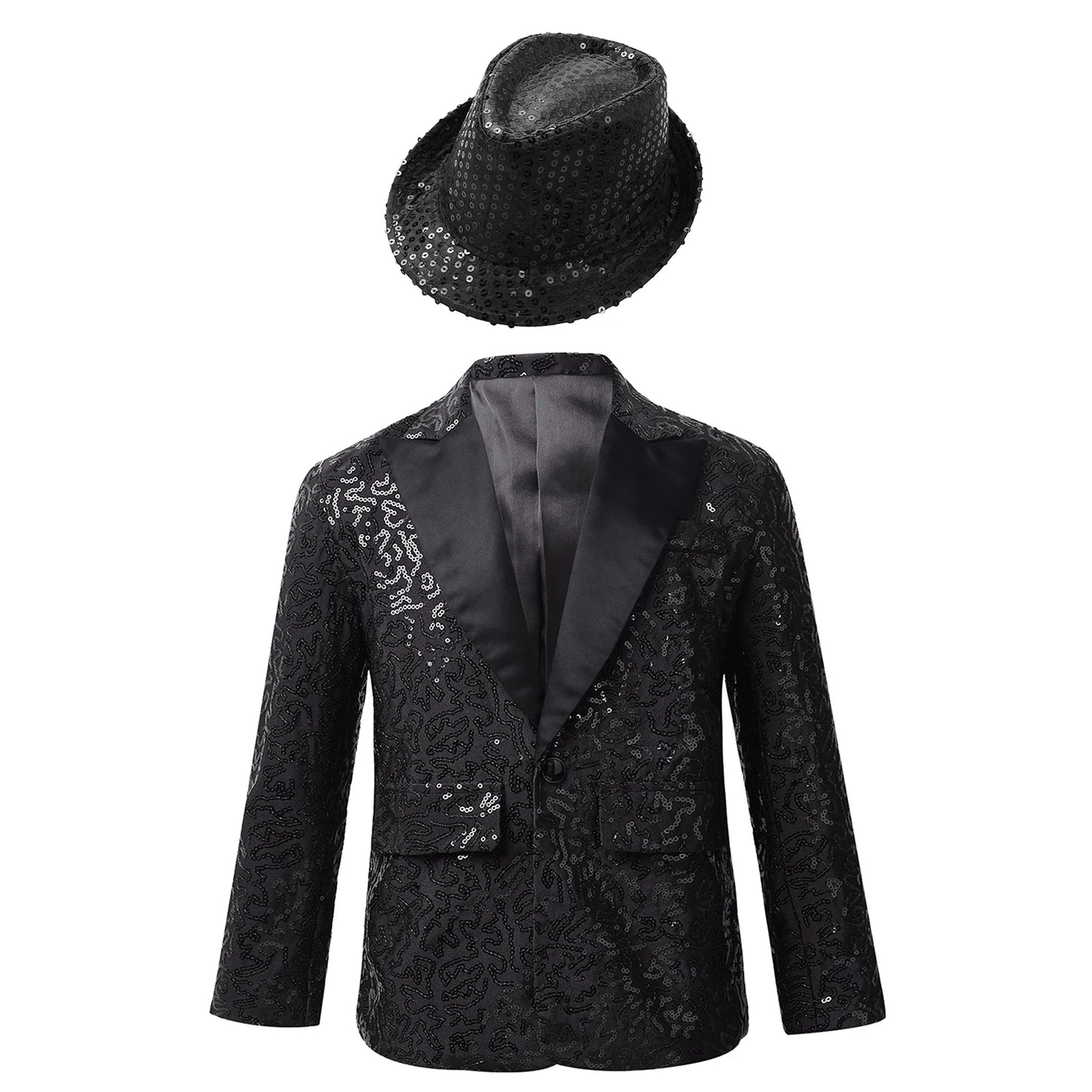 Boys Sequin Dance Tuxedo Jacket Suit & Fedora Hat (Age 6-16 YRS) Black