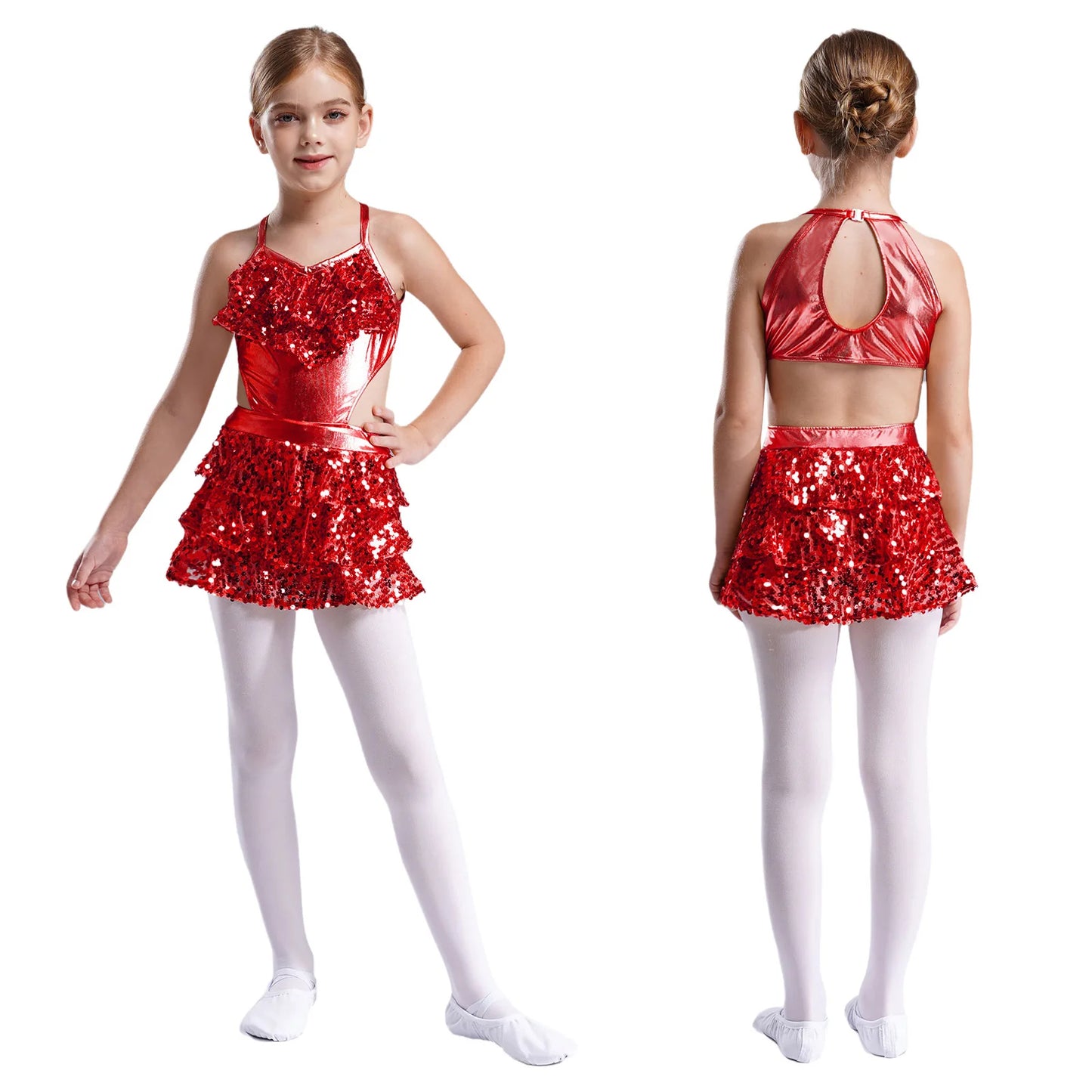 Girls Sequin Dance Sleeveless Cutout Tiered Ruffle Metallic Leotard Dress (Age 6-16 YRS) Red