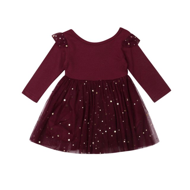Girl Long Sleeve Sequin Tulle Dress (Age 12M-4YRS) Burgundy