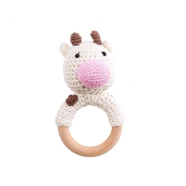 Baby Wooden Animal Teether Ring Rattle Multicolor Cow