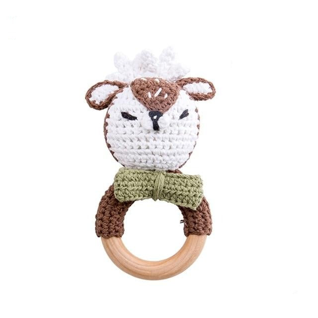 Baby Wooden Animal Teether Ring Rattle Multicolor Brown-Elk