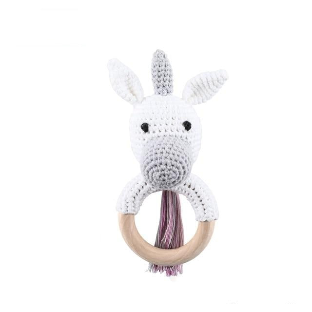Baby Wooden Animal Teether Ring Rattle Multicolor Unicorn