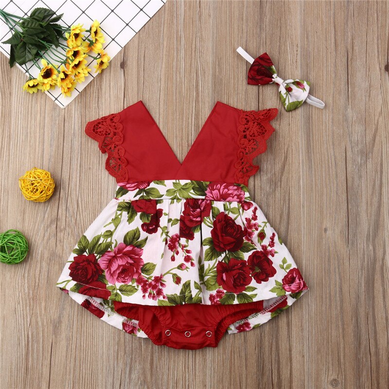 Baby Girls Burgundy Floral Romper & Headband (Age 6M-24m)