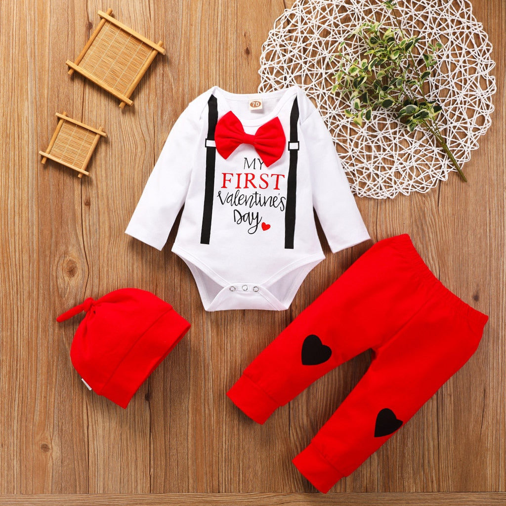 Baby Boys 1st Valentines Bodysuit Trousers & Hat Set (6m-12m)