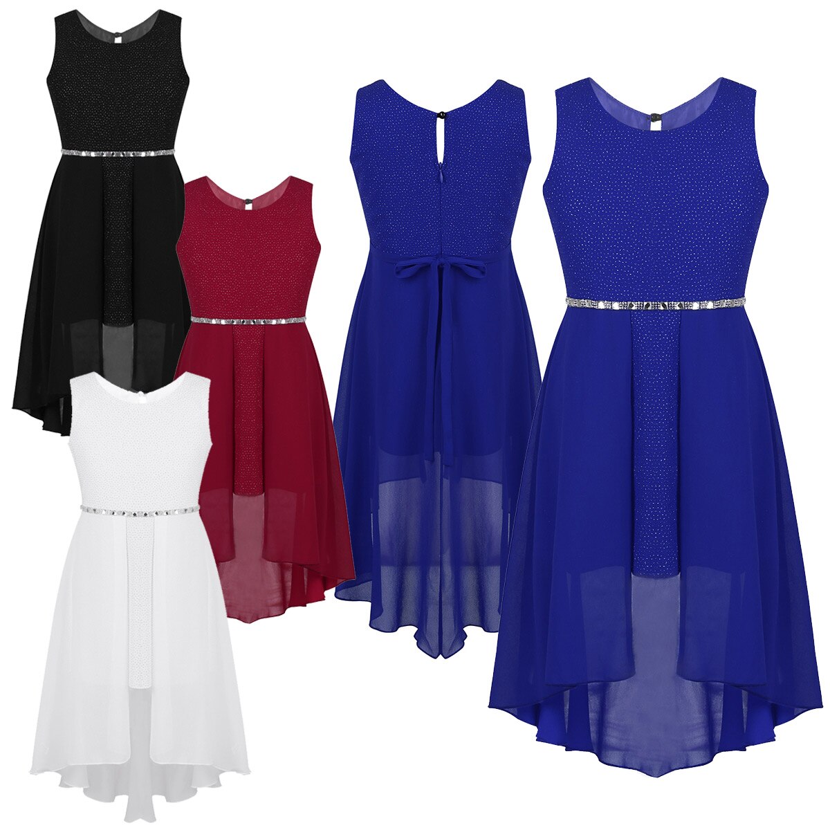 Girls Dipped Hem & Rhinestone Embellished Dress (Age 6-14yrs)
