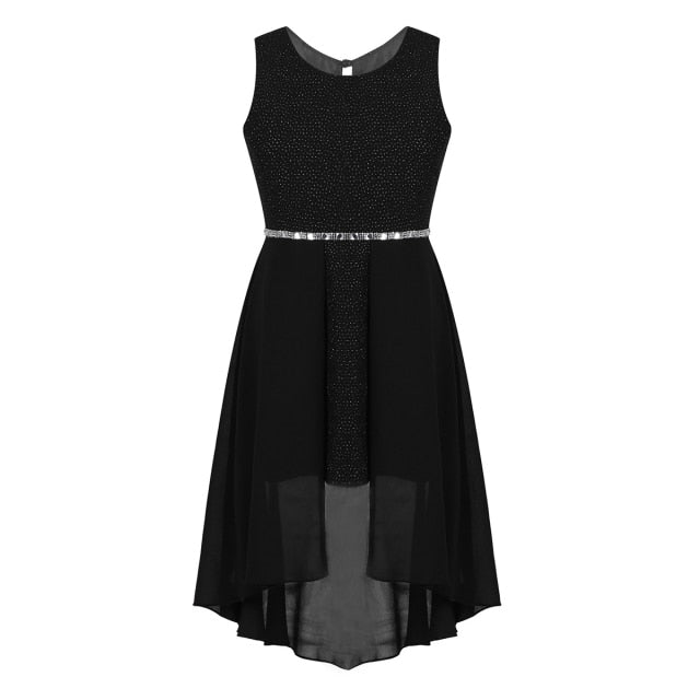 Girls Dipped Hem & Rhinestone Embellished Dress (Age 6-14yrs) Black