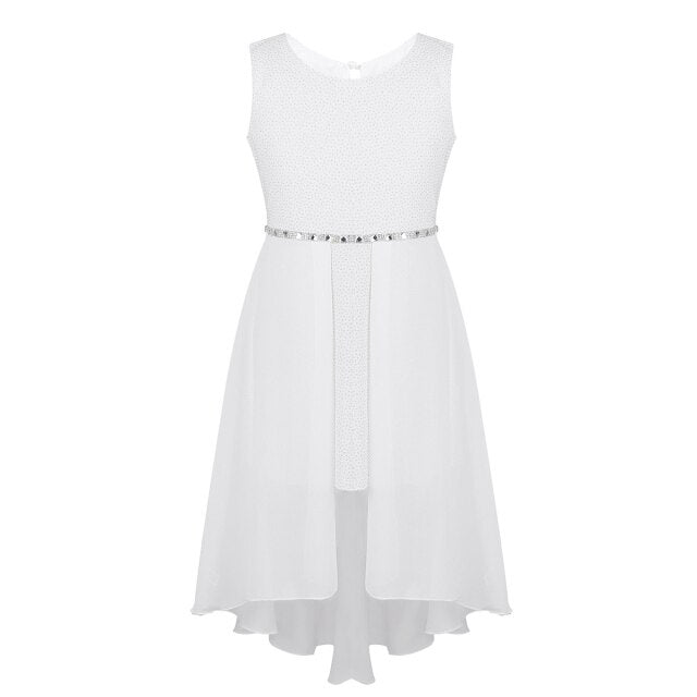Girls Dipped Hem & Rhinestone Embellished Dress (Age 6-14yrs) White