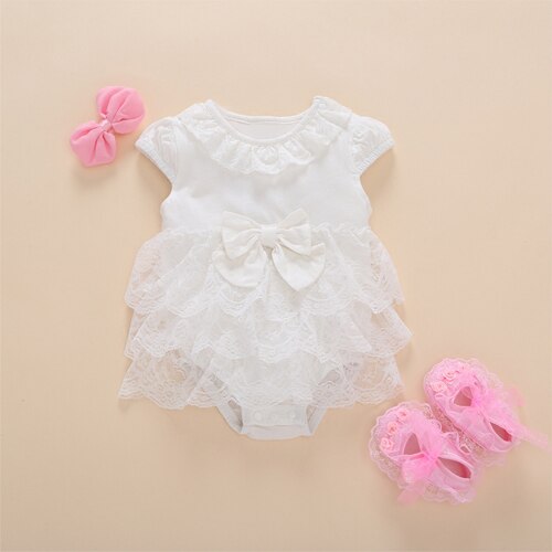 Baby Girls Pink Ruffle Romper Dress With Bow & Booties (Age 3M - 9M) White