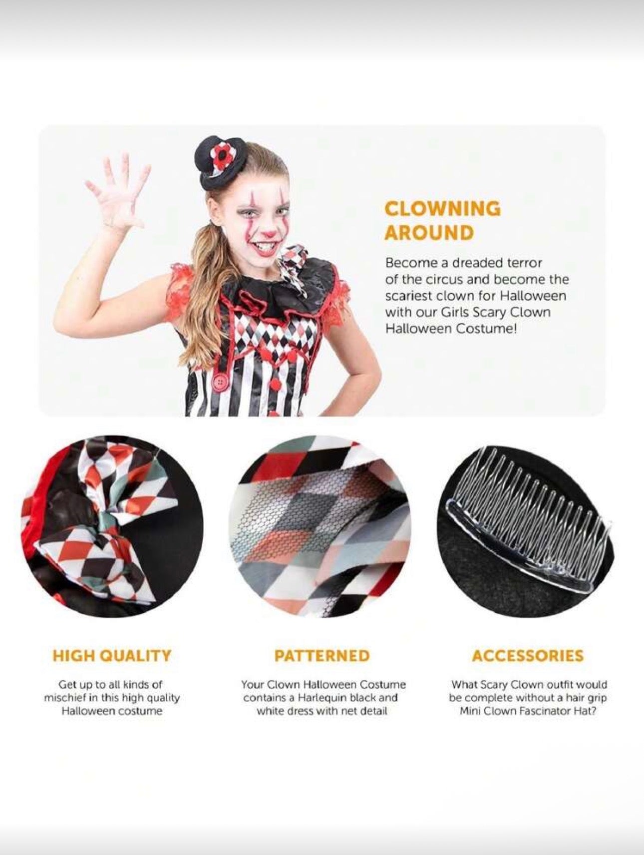 Girls Clown Costume Dress – Halloween Fancy Dress (Age 4-13 YRS)