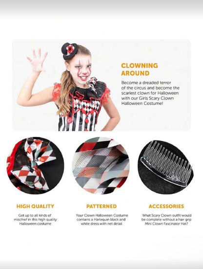 Girls Clown Costume Dress – Halloween Fancy Dress (Age 4-13 YRS)