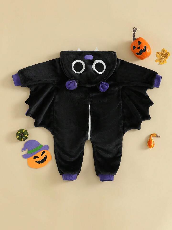 Kids Bat Halloween Costume Jumpsuit – Long Sleeve Hooded Cosplay with Patchwork Wings & Zipper Closure (Age 6M-6 YRS)