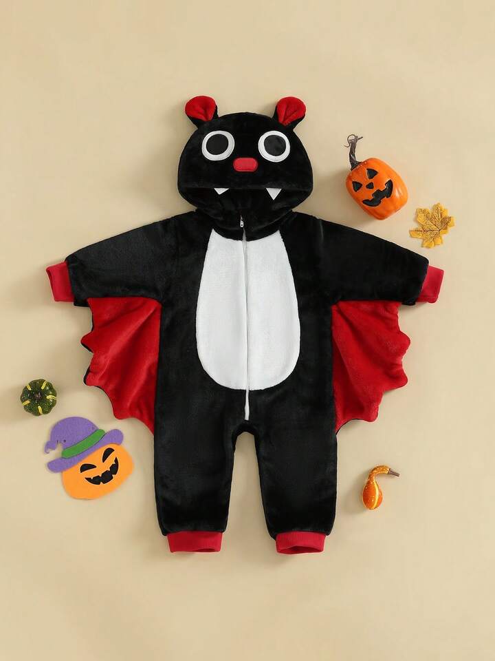 Kids Bat Halloween Costume Jumpsuit – Long Sleeve Hooded Cosplay with Patchwork Wings & Zipper Closure (Age 6M-6 YRS)