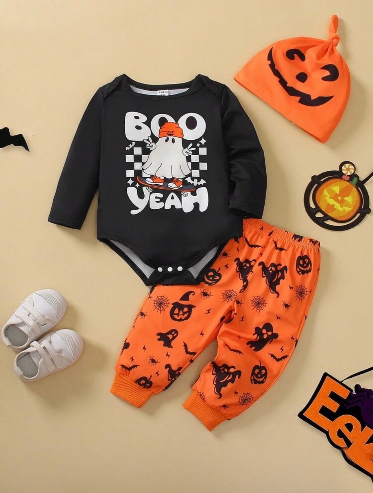 Halloween Baby Outfit Set – 3-Piece Romper, Trousers & Hat | Pumpkin, Bat & Ghost Print | Newborn - 24M