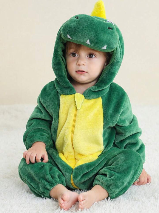 Baby Cartoon Jumpsuit Halloween Costume with Hat – Red Dragon, Lion, Dinosaur & Pink Cutie (Age Newborn-36 Month) Multicolor Green Dinosaur
