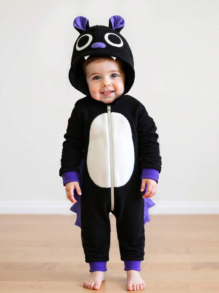 Kids Bat Halloween Costume Jumpsuit – Long Sleeve Hooded Cosplay with Patchwork Wings & Zipper Closure (Age 6M-6 YRS)