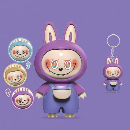 Labubu Face‑Changing 3D Bag Charm | Press‑to‑Change Expressions | Cute Keychain Toy Purple