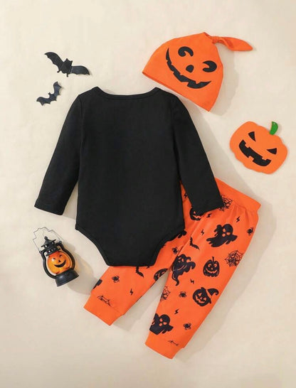 Halloween Baby Outfit Set – 3-Piece Romper, Trousers & Hat | Pumpkin, Bat & Ghost Print | Newborn - 24M