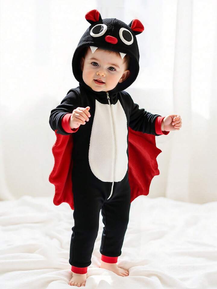 Kids Bat Halloween Costume Jumpsuit – Long Sleeve Hooded Cosplay with Patchwork Wings & Zipper Closure (Age 6M-6 YRS) Red