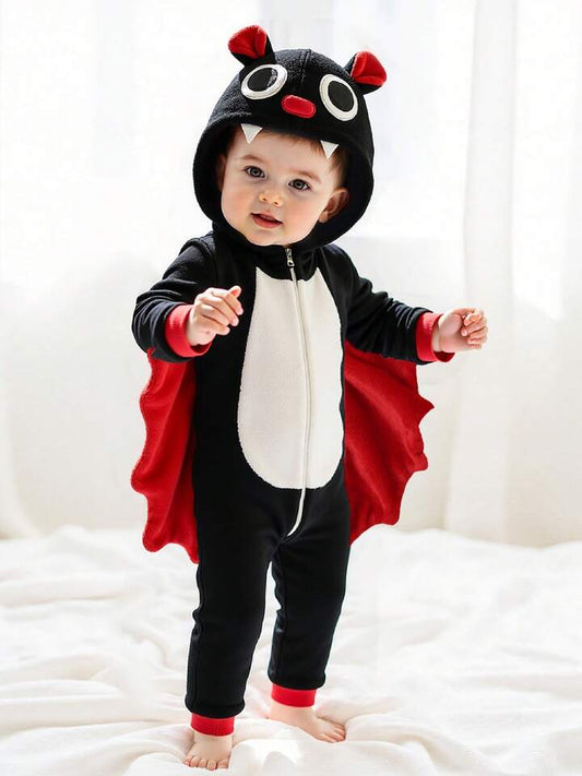 Kids Bat Halloween Costume Jumpsuit – Long Sleeve Hooded Cosplay with Patchwork Wings & Zipper Closure (Age 6M-6 YRS) Red