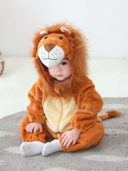 Baby Lion Halloween Costume Jumpsuit – Fuzzy Hooded Romper with 3D Ears | Ages 1M–12M Brown