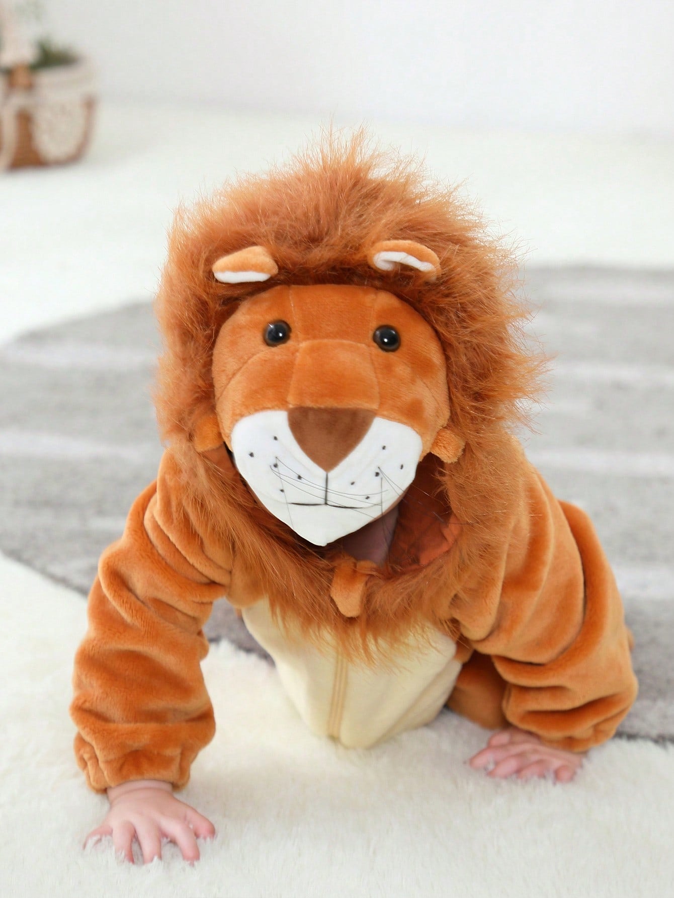 Baby Lion Halloween Costume Jumpsuit – Fuzzy Hooded Romper with 3D Ears | Ages 1M–12M