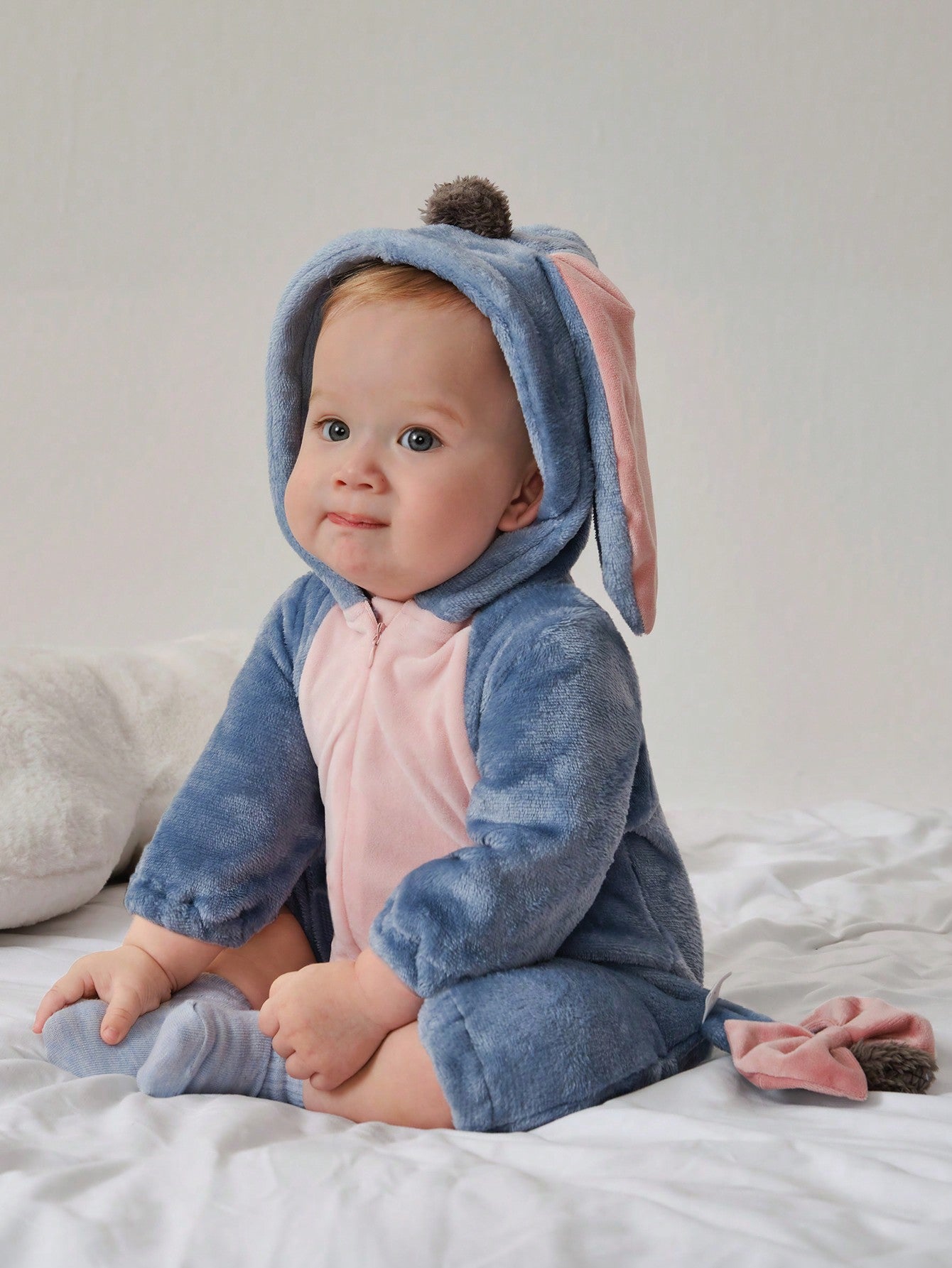 Baby Donkey Hooded Romper – Plush Cartoon Halloween One-Piece with Ears & Zip | Ages Newborn–12M
