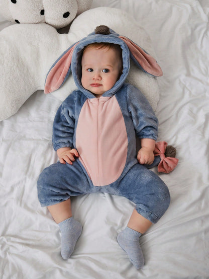 Baby Donkey Hooded Romper – Plush Cartoon Halloween One-Piece with Ears & Zip | Ages Newborn–12M Grey